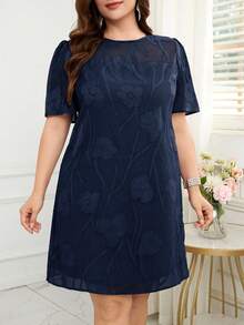 Reflora Plus Size Women's Jacquard Round Neck Short Puff Sleeve Elegant Dress - Navy Blue - View 3