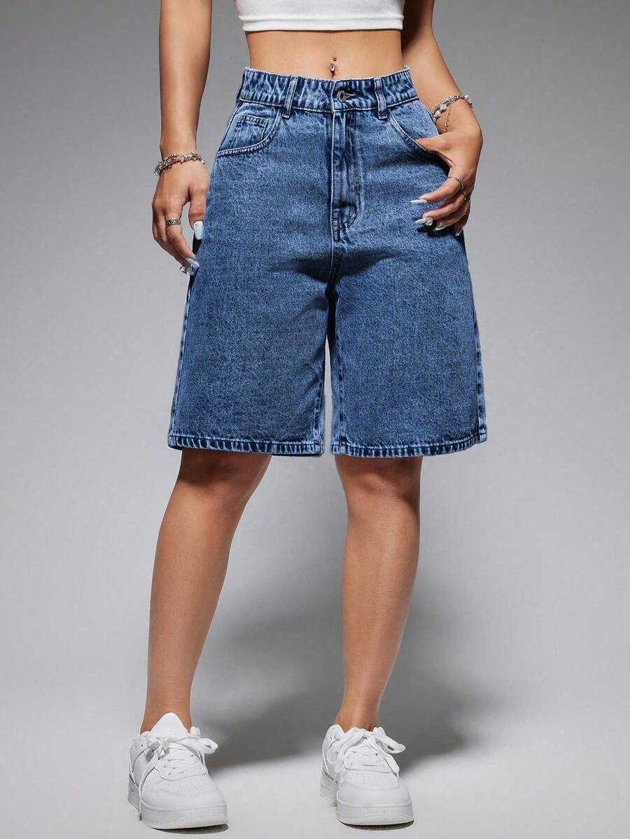 SHEIN EZwear 女款夏季休閒水洗寬鬆牛仔短褲 - 彩色 - 查看 1