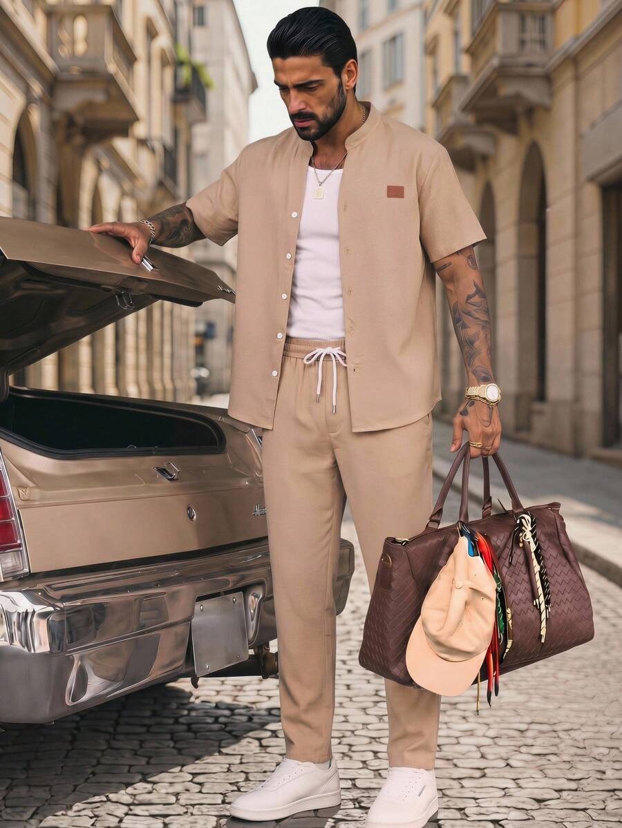 HIMLAND Men's Summer Casual Front Button Short Sleeve Shirt And Drawstring Waist Pants, Men's 2 Pieces Set, Linen Matching Set, Vacation, Father's Day Gifts - Apricot - View 1