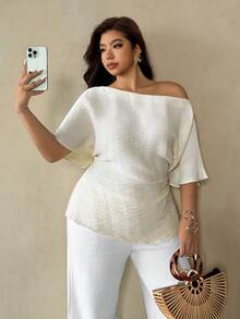Auralis Áo blouse mặc kiểu pullover dáng ôm tôn dáng, eo xếp ly bất đối xứng, tay cánh dơi, vai lệch, phong cách tối giản đa năng cho mùa xuân/hè, size lớn, đi làm - Màu be - Xem 4