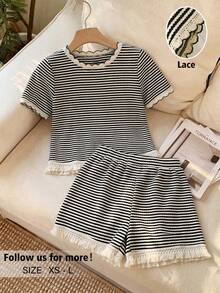 CosyJoli Bộ đồ nữ thường ngày 2 mảnh, mùa xuân/hè, áo thun và quần short kẻ sọc đen trắng ôm dáng. - Đen và trắng - Xem 1