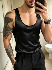 Manfinity Dauomo 男士緞面無袖套頭背心上衣 - 黑色 - 查看 3