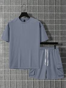 Manfinity Homme Plus Size Men's Solid Color Crew Neck Minimalist Short Sleeve T-Shirt And Drawstring Waist Cargo Shorts 2pcs Set - Dark Grey - View 3