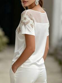 EMERY ROSE 大码女式休闲碎花棉质衬衫，圆领设计，修身剪裁，优雅风格，适合日常、度假、休闲、派对穿着，高品质手工制作，春夏休闲服饰 - 白色 - 查看 2