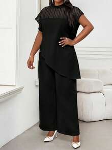SHEIN Lady Plus Size Women's Mesh Patchwork Asymmetric Hem Black Top Cocktail Party Dinner Summer Elegant - Black - View 6