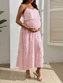 SHEIN 孕婦花卉印花哺乳休閒日常細肩帶洋裝 - 粉色 - 查看 3