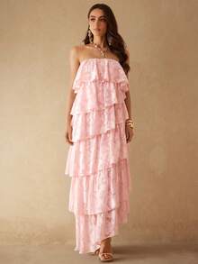 Silquee Elegant Romantic Pink Jacquard Dress With Multi-Layered Asymmetrical Ruffled Hem. Suitable For Party Vacation Wedding Dresses And Graduation Summer - Pink - View 7