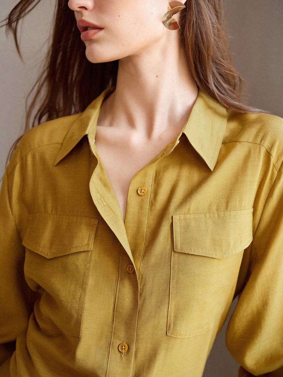 MOTF PREMIUM WOMEN'S AUTUMN DENIM EFFECT LOOSE SHIRT TEACHERS' DAY OFFICE MUSTARD YELLOW MATURE ELEGANT - Olive Green - View 2