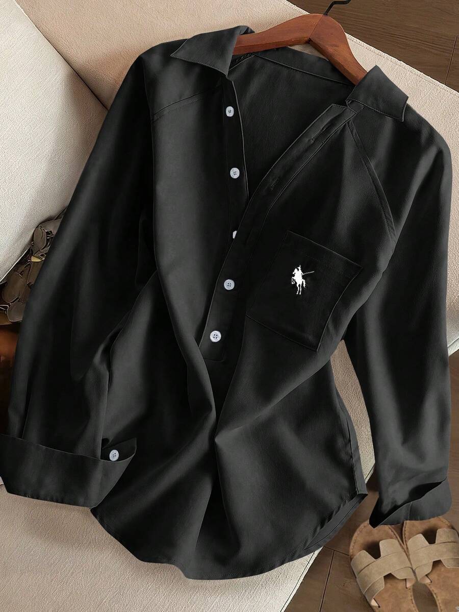 Resyla 女款純色極簡寬鬆版型重工刺繡騎士風V領長袖襯衫 - 黑色 - 查看 1