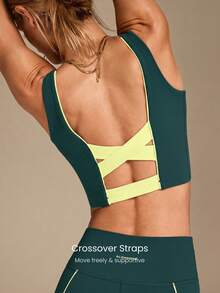 GLOWMODE FeatherFit™ On The Line Soft Stretchy Sweat-Wicking UV Protection Crossover Back Two-Tone Removable Cups Cropped Active Tank Low Impact Yoga Pilates Studio Daily Active Wear - Green - View 4
