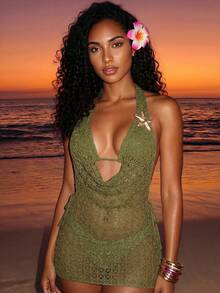 Bellisia Nuevo Conjunto de Bikini de 3 Piezas Primavera Verano Verde Mostaza con Cuello Drapeado, Tela Texturizada Semitransparente, Estilo de Influencer de Moda, Ropa de Playa para Vacaciones de Playa para Mujer - Verde - Ver 6