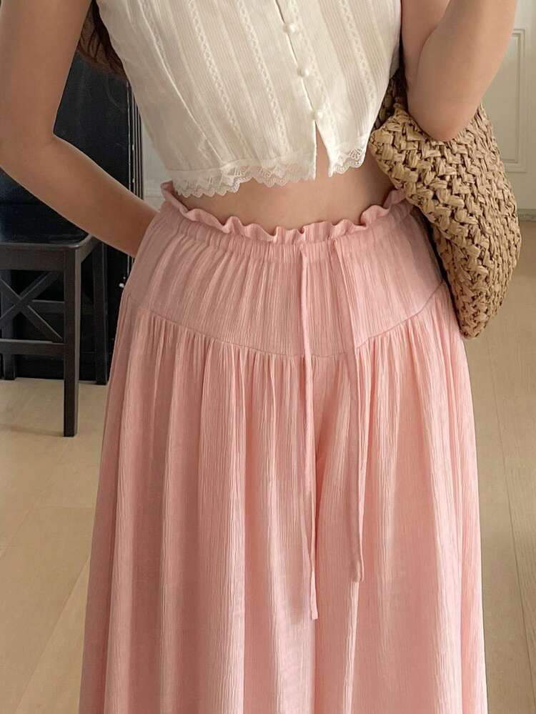 Women's Elastic Waist Drawstring Tie Loose Wide Leg Long Pants Vacation Style Casual Pants