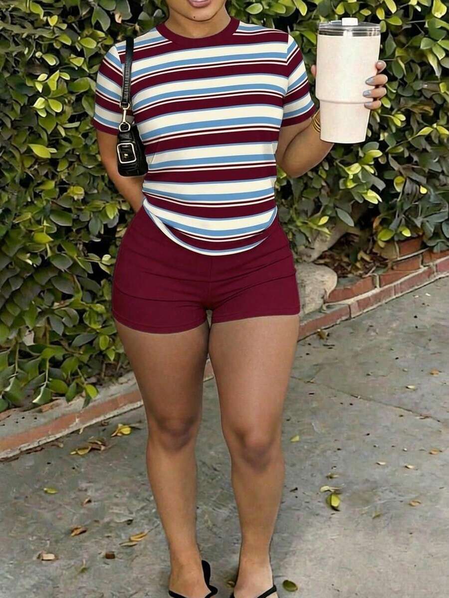 Slaydiva Women's Summer Casual Striped T-Shirt And Solid Color Shorts 2-Piece Set - Multicolor - View 1