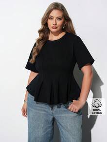 Maija Plus Size Black Round Neck Short Sleeve Fitted Top Ruffle Hem Elegant Smart Soft Form Casual Office Formal Formal Vacation Brunch Summer Halloween - Black - View 4