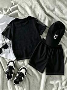 SHEIN 青少年男童 1 套休閒運動兩件組，自由女神像 T 恤 & 短褲，百搭日常穿搭，機車風，休閒黑色印花，適合戶外、運動、春/夏，以及酷感穿搭，韓系風格，舒適易穿，男童 T 恤，男童短褲，新式設計，春夏度假氛圍，適合戶外活動、派對、野餐、街拍、節慶場合以及送禮 - 彩色 - 查看 3