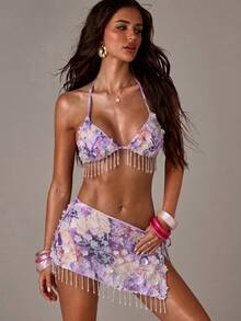 SHEIN BAE 女款一件式珠飾網紗水晶流蘇泳裝下身 - 紫色 - 查看 6
