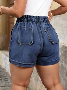 EMERY ROSE Casual Traditional Y2K Versatile Pocket Button Distressed Beach Formal Everyday Plus Size Denim Shorts Navy Blue Summer - Dark Wash - View 2