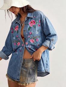 Bohemela Women's Vacation Casual Boho Floral Embroidered Shirt Vacation Blue Floral Summer - Baby Blue - View 4