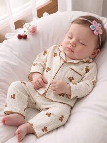 2pcs Baby Girls' Long Sleeve Cardigan And Pants Homewear Set, Woven Fabric With Cute Cherry Print - Multicolor - View 1