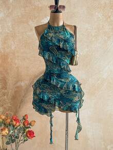 Soleia Vestido mini de mujer para vacaciones con estampado de anacardo, volantes multicapa y cuello halter - Multicolor - Ver 6