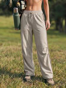 WanderVale Pantalon de sport d'extérieur pour femmes avec imprimé lettres et taille à cordon de serrage - Kaki - Voir 2
