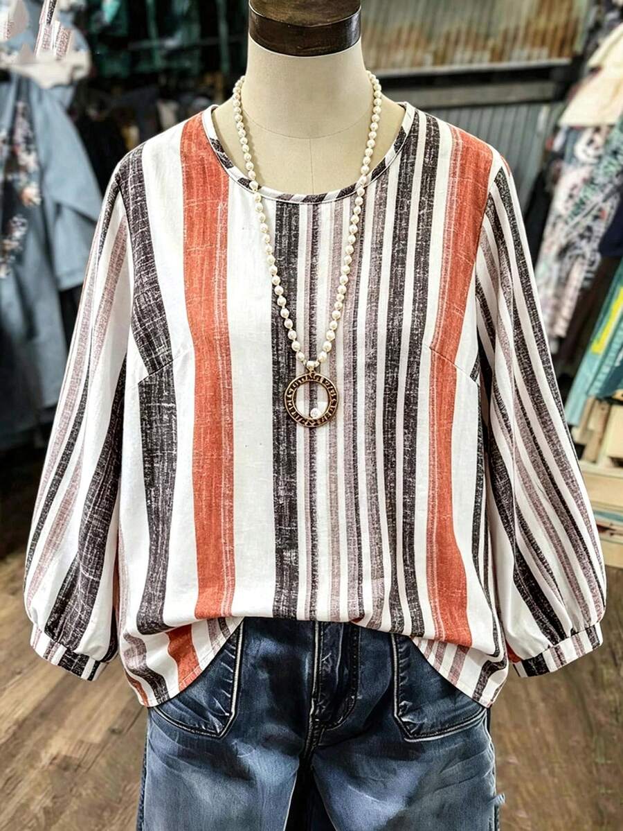Linhara Plus Size Vacation Casual Colorblock Striped Lantern Sleeve Shirt - Multicolor - View 1