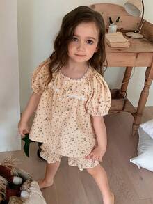 DAZY Round Neck Ditsy Floral Short Sleeve Top + Shorts Set For Young Girls Loungewear Summer - Khaki - View 3