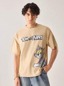 Strevion TOM & JERRY 男士休闲百搭汤姆和杰瑞元素印花短袖T恤 - 杏色 - 查看 3