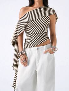 LYSMO Women's Summer Fashion Striped Asymmetric Top - Multicolor - View 6