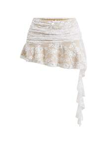 Sweetness Minifalda con volantes de encaje, estilo sexy de vacaciones para mujeres, primavera/verano - Blanco - Ver 8