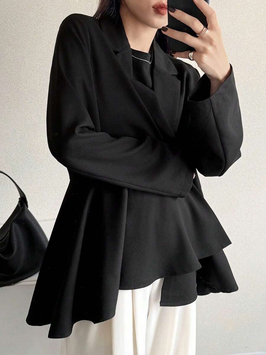 FRIFUL 女款純色百褶休閒商務休閒優雅百搭日常旅行西裝外套 教師節 辦公室 黑色 夏季 - 黑色 - 查看 1
