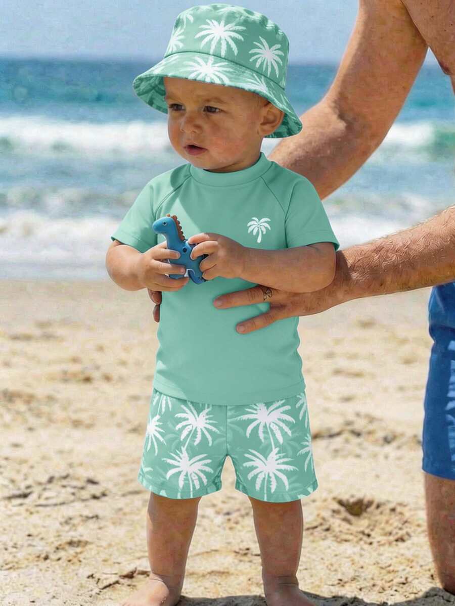 SHEIN Baby Boy Casual Simple Slim Fit Round Neck Short Sleeve Shorts Swimsuit Set Suitable For Summer - Multicolor - View 1