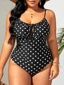 Swim Lushoire Baju Renang Liburan Terusan Motif Polkadot Ukuran Besar dengan Tali di Depan - Hitam dan Putih - View 4