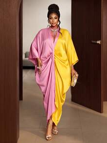 Maweii Plus Size Women's Sexy Spring/Summer Ruched Front Plus Size Sleeve Autumn Dress Fall - Multicolor - View 6