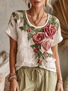 SHEIN Raffinéa 女款仿麻布杏色前領口定位印花圓領短袖上衣,女款杏色襯衫,派對上衣,女款海灘裝,女款休閒上衣,女款度假裝,女款海灘度假裝,夏季假期裝,女款通勤裝,夏季上衣,女款春季裝,內搭上衣夏季服飾,女款優雅上衣,女款工作上衣,女款辦公室裝,社交上衣/職場上衣,女款辦公室裝,適合春季/夏季 - 粉色 - 查看 5