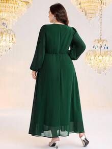 Modelyn Plus Size Women's Solid Color Patchwork Sequin Lantern Sleeve Elegant Dress - Dark Green - View 2