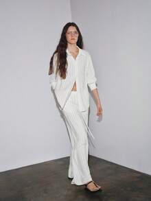 MOTF PREMIUM OVERSIZED LINEN STRIPED LONG SHIRT, LOOSE FIT, SPRING/SUMMER - White - View 5