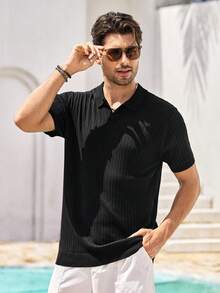 Mercer Haus Men's Ribbed Airplane Collar Polo Knit Shirt, Short Sleeve, Summer Fashion - Black - View 2