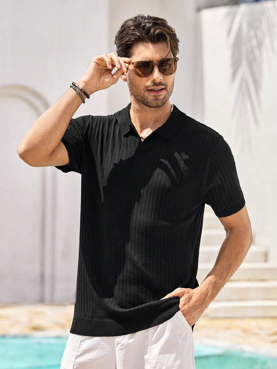 Mercer Haus Men's Ribbed Airplane Collar Polo Knit Shirt, Short Sleeve, Summer Fashion