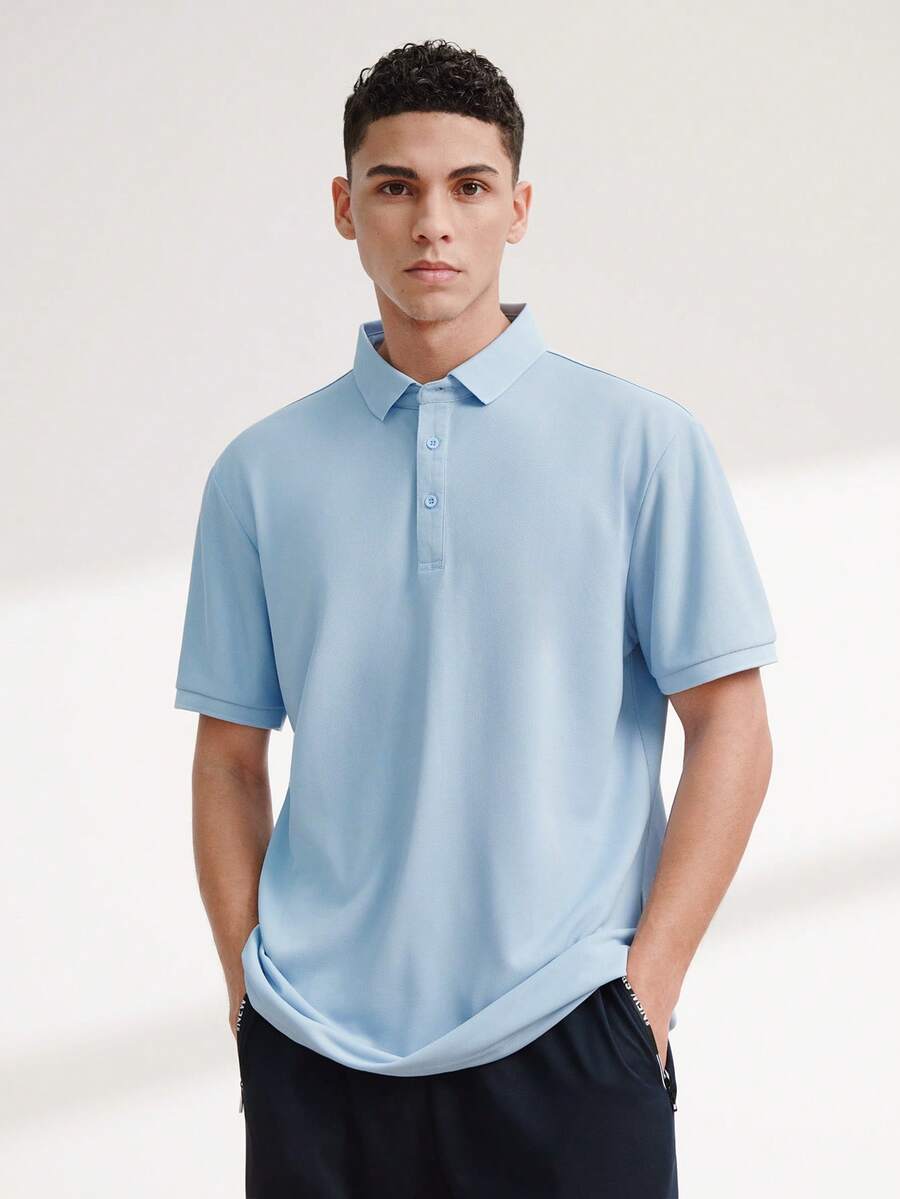 Driftmere 男士夏季快乾 Polo 衫,商務休閒修身短袖 T 恤,彈性素色上衣,適合日常穿著、辦公室、聚會、派對、運動健身房鍛鍊 - 淺藍色 - 查看 1