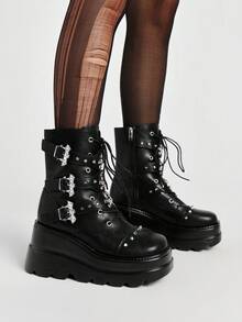ROMWE Grunge Punk Women Heeled Sandals Punk Style Dark PU Riveted Platform Riding Boots Women Small Height Goth Metal Handsome Locomotive Boots Babes Fried Street Small Boots - Black - View 1