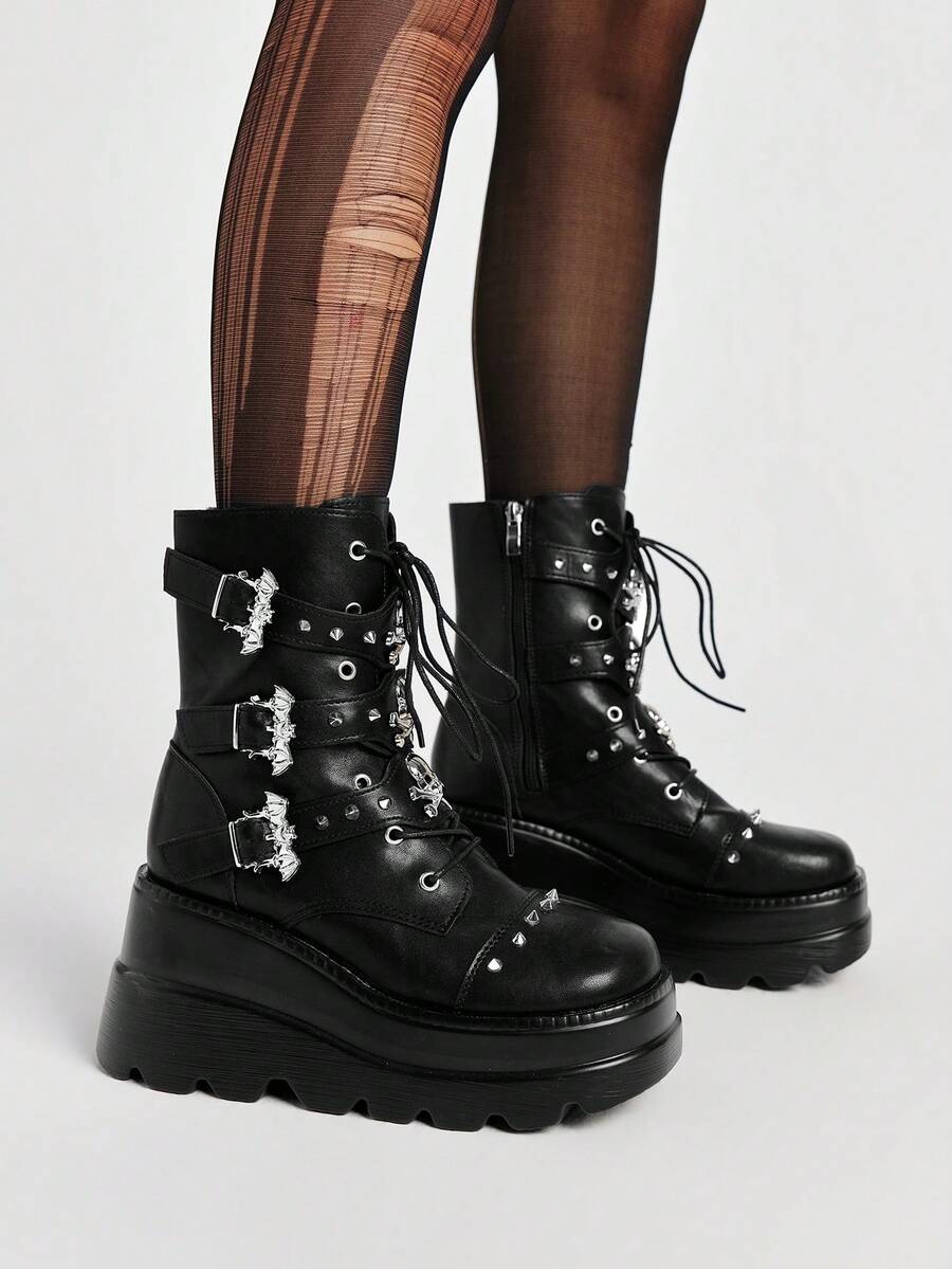 ROMWE Grunge Punk Women Heeled Sandals Punk Style Dark PU Riveted Platform Riding Boots Women Small Height Goth Metal Handsome Locomotive Boots Babes Fried Street Small Boots - Black - View 1