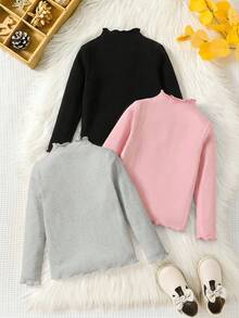 SHEIN 少女套裝 3件組 簡約休閒舒適高領長袖T恤套裝 - 彩色 - 查看 2