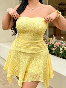 SHEIN Clasi Plus Size Women's Elegant Minimalist Casual Fashion Daily Gym Date Party Asymmetrical Hem Brown Knitted Texture Short Dress Summer - Yellow - View 3