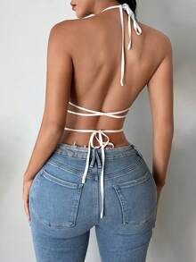 SHEIN SXY Summer Fuzzy Trim Crisscross Tie Backless Crop Halter Top - White - View 3