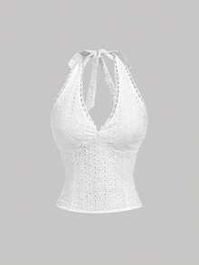 SHEIN MOD 女款鏤空刺繡對比蕾絲掛脖上衣 - 白色 - 查看 5