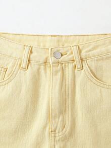 SHEIN EZwear 夏季休閒純色牛仔短褲 - 卡其色 - 查看 5