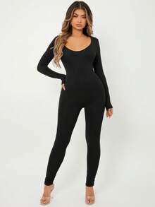 SHEIN SXY Spring Scoop Neck Black Long Sleeve Bodysuit Jumpsuit - Black - View 8