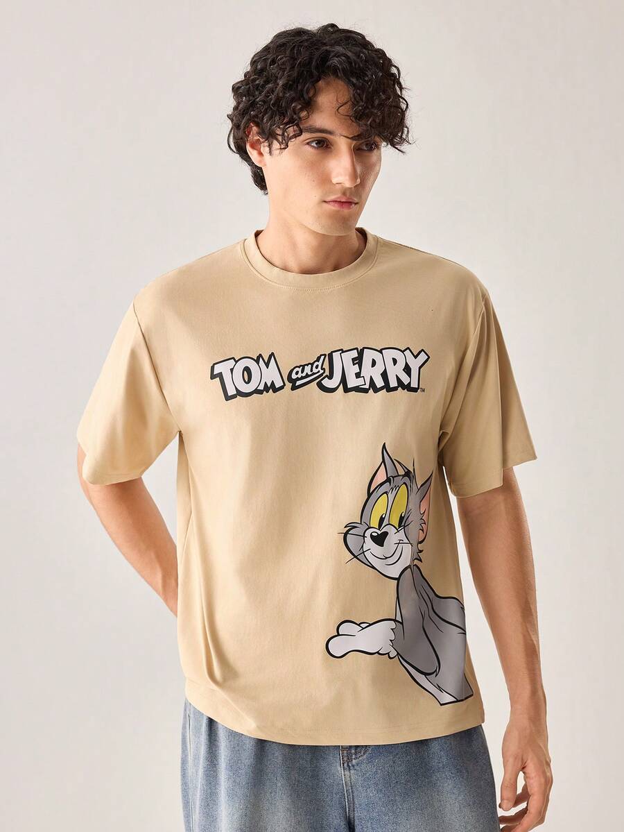 Strevion TOM & JERRY 男士休闲百搭汤姆和杰瑞元素印花短袖T恤 - 杏色 - 查看 1