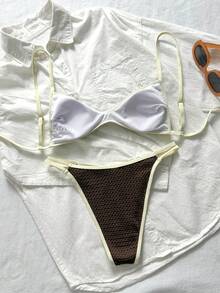 SHEIN Swim 女款兩件式泳衣套裝，特殊布料拼接，後背繫帶設計，夏季度假海灘派對穿著，棕色條紋性感款 - 彩色 - 查看 2